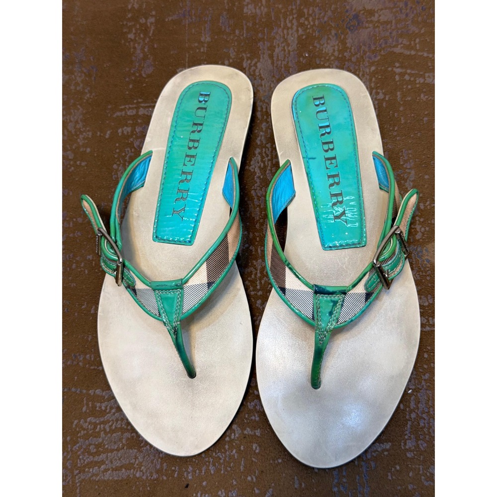 Burberry House Check Turquoise Patent Leather Thong Sandals Buckle Flip Flops